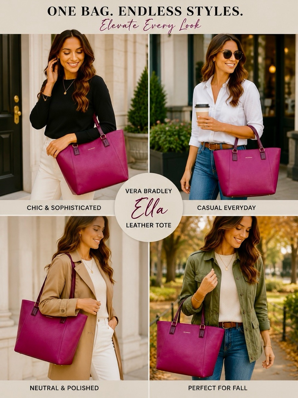 Vera Bradley Ella Leather Tote Handbag Plum - Picture 3 of 16